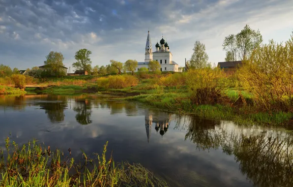 Картинка пейзаж, природа, башня, церковь, храм, травы, берега, колокольня