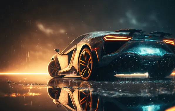 Вода, дождь, фары, wallpaper, digital art, sports car