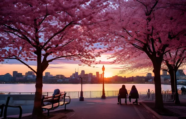 Скамейка, парк, весна, аллея, цветение, набережная, sunset, pink