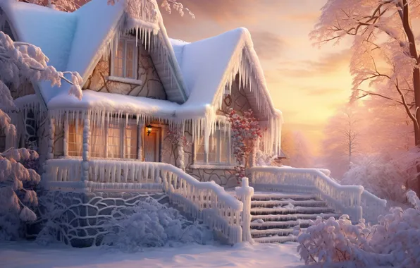 Лед, зима, снег, сосульки, мороз, домик, house, rustic