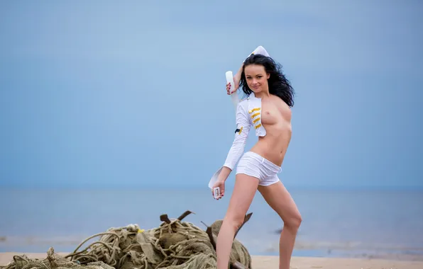 Море, грудь, небо, природа, улыбка, модель, шорты, katie