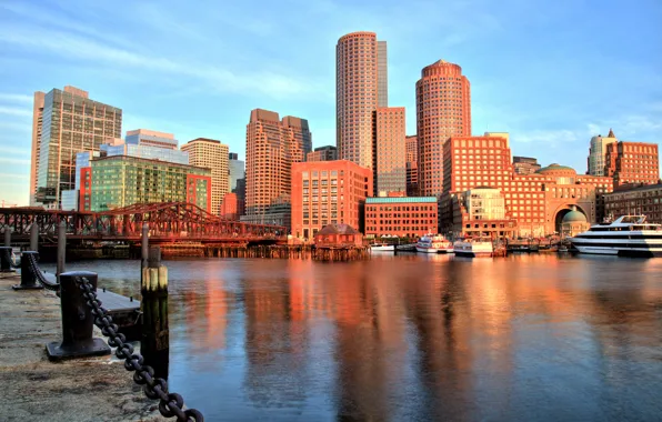 Мост, здания, бухта, порт, набережная, Бостон, Boston, Massachusetts