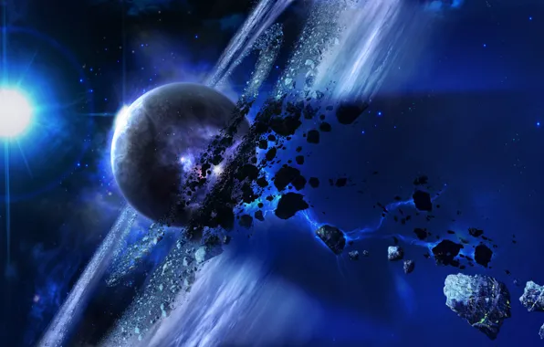 Cosmos, planet, meteorites, rocks floating