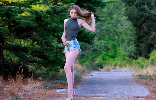 Forest, long hair, trees, nature, model, brunette, sexy woman, countryside