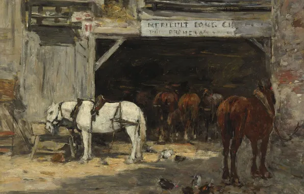 Животные, картина, Эжен Буден, Eugene Boudin, Конюшни с Лошадьми