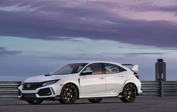 Белый, облака, ограждение, Honda, хэтчбэк, пятидверный, 2019, Civic Type R