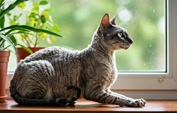 Кошка, кот, взгляд, листья, поза, серый, окно, лежит