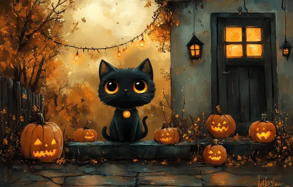 Картинка Взгляд, Кошка, Дом, Черная, Кот, Тыквы, Глаза, Halloween