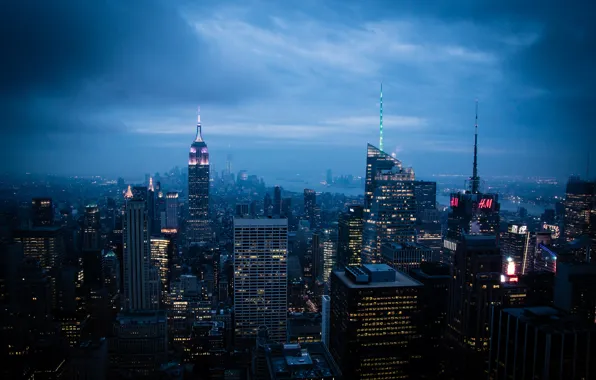 Картинка свет, Нью-Йорк, небоскребы, архитектура, New York, вершина скалы