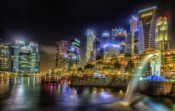 Здания, дома, вечер, Сингапур, высотки, Singapore, naght, sity
