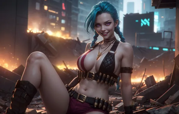 Women, AI art, blue hair, League of Legends, Jinx (League of Legends)