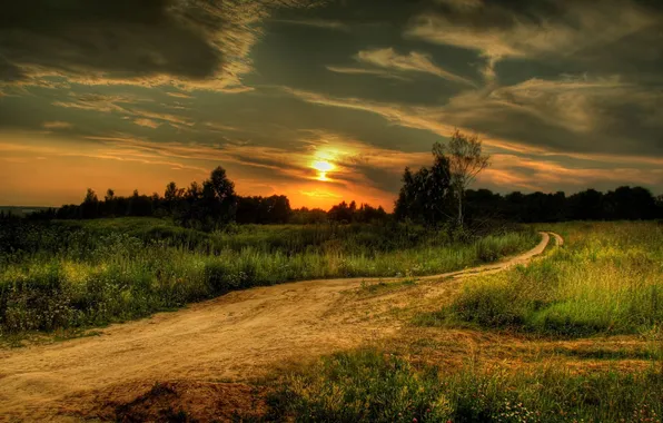 Картинка дорога, поле, закат, природа