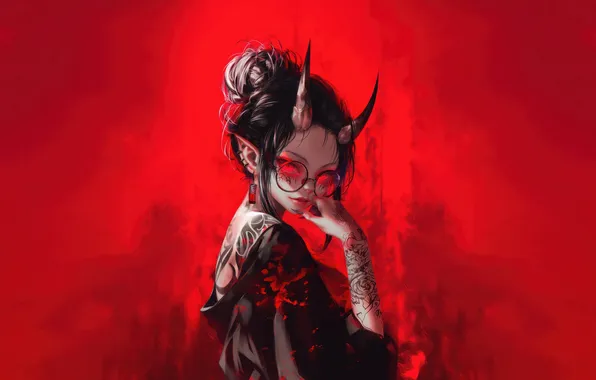 Girl, Glasses, Horn, Red Background, AI Art