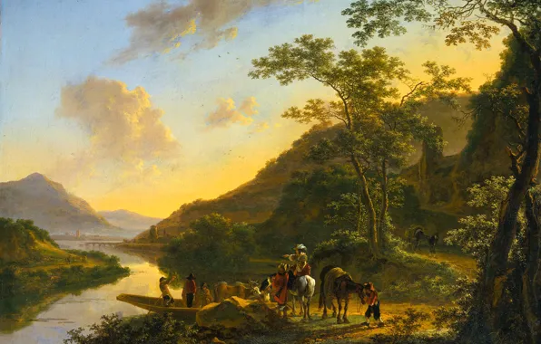 Горы, река, картина, Ян Бот, Итальянский Пейзаж с Паромной Переправой