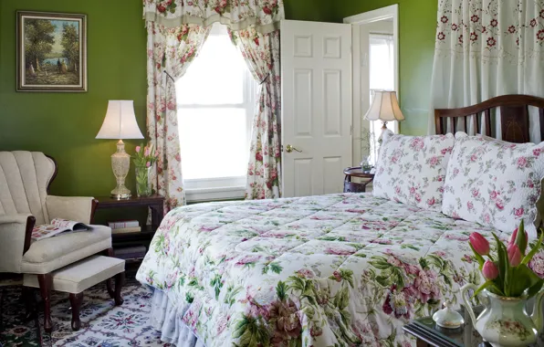 Дизайн, дом, стиль, комната, вилла, интерьер, спальня, rose garden room an antique English maple bed