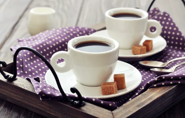 Кубики, кофе, завтрак, молоко, чашки, сахар, салфетка, поднос