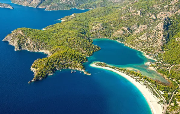 Summer, beach, sea, coast, mountains, boats, sunny, cliff