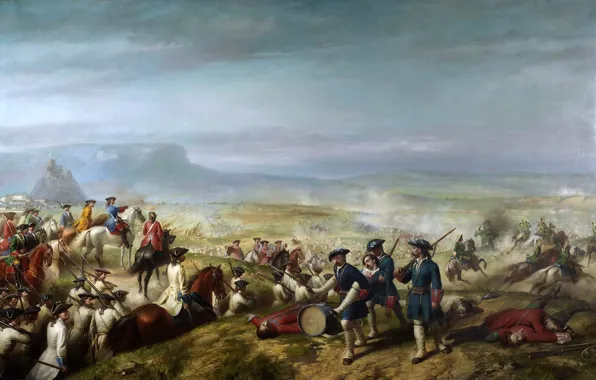 Картинка пейзаж, горы, картина, солдаты, баталия, Рикардо Балака, Битва под Альмансой