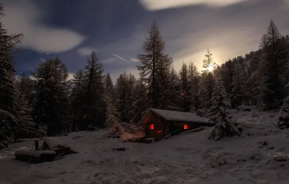 Картинка зима, лес, снег, деревья, горы, Швейцария, Альпы, сугробы
