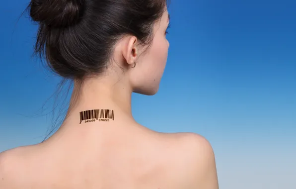 Tattoo, brunette, bar code