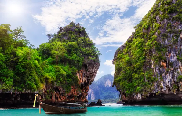 Картинка пейзаж, природа, океан, скалы, лодка, бухта, Тайланд, курорт