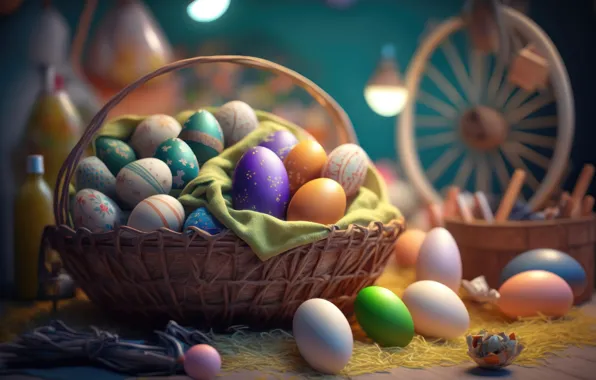 Картинка фон, корзина, яйца, colorful, Пасха, happy, background, Easter