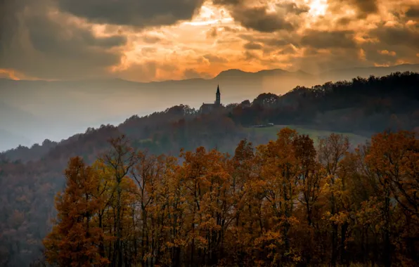 Закат, туман, Italy, Emilia Romagna, Morfasso, Domenica d'autunno
