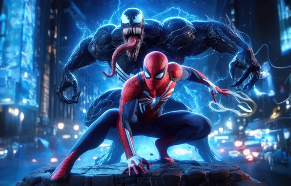Картинка ночной город, Marvel, супергерои, Marvel Comics, Comics, Веном, Марвел, Человек Паук