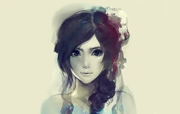 Взгляд, лицо, акварель, серый фон, цветок в волосах, портрет девушки
