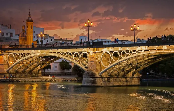 Картинка река, арка, Испания, Севилья, мост Изабеллы II