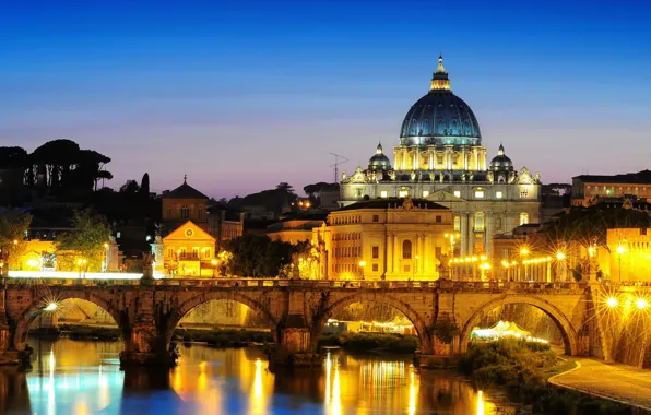Город, вечер, освещение, Рим, Italy, Rome, Ватикан, собор Святого Петра