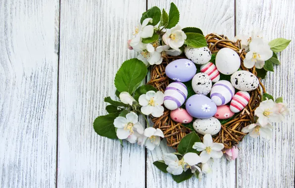 Цветы, яйца, весна, colorful, Пасха, happy, wood, blossom
