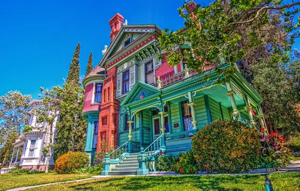 Ретро, HDR, Калифорния, лестница, USA, особняк, красочные, California
