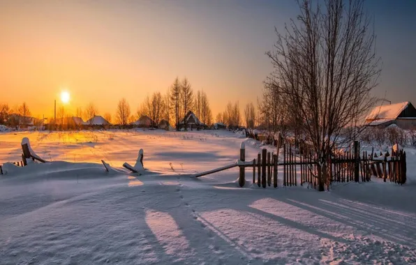 Зима, снег, рассвет, село, утро