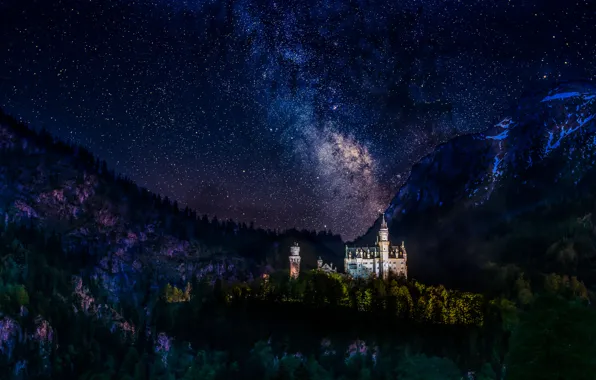 Лес, горы, ночь, башня, звёзды, Германия, Замок, млечный путь