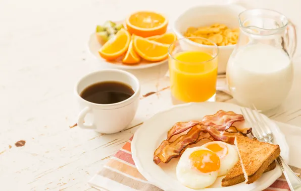 Картинка кофе, апельсин, завтрак, молоко, сок, хлопья, тосты