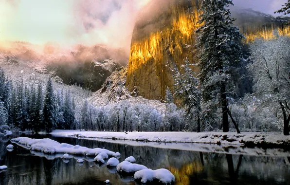 Картинка иней, снег, деревья, река, гора, Зима