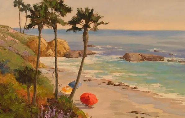 Картинка море, волны, пляж, пальмы, скалы, берег, арт, зонтики