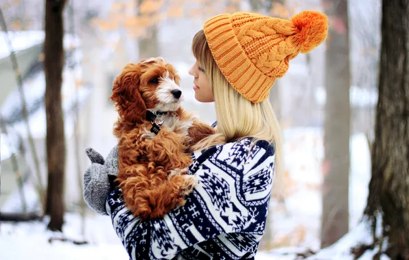 Картинка зима, девушка, животное, шапка, собака