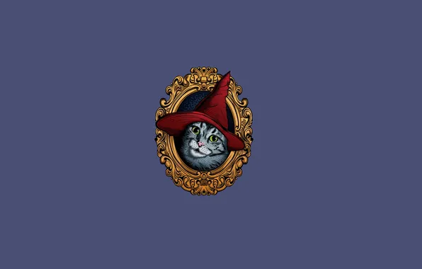 Кошка, кот, шапка, портрет, минимализм, картина, cat, колпак красный