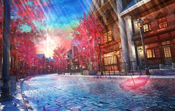 Зонт, после дождя, мостовая, джеревья, by K&P
