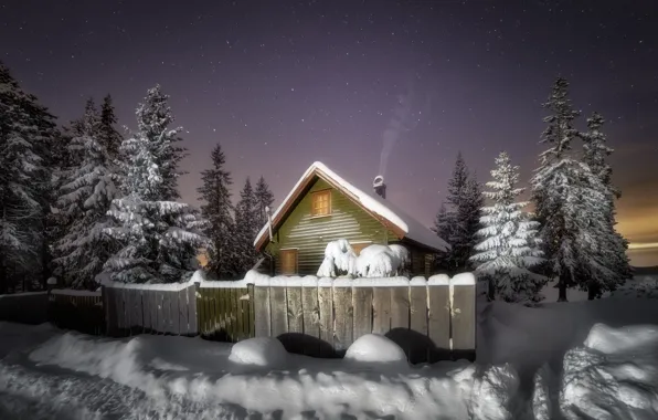 Картинка зима, снег, ночь, домик