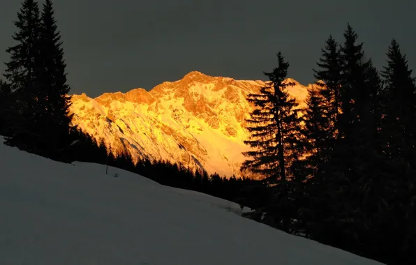 Картинка снег, деревья, горы, последние лучи, закат в горах