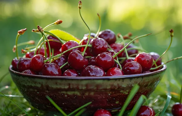 Свет, природа, вишня, ягоды, урожай, миска, зеленый фон, черешня