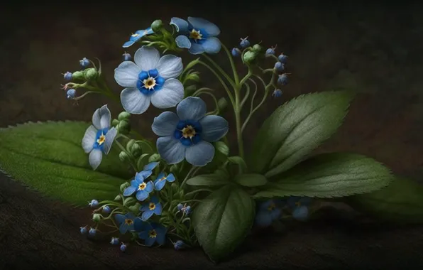 Листья, цветы, весна, голубые, незабудки, ИИ-арт, нейросеть