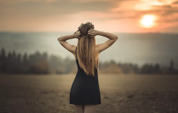 Девушка, закат, волосы, спина, фигура, платье, Jiri Tulach