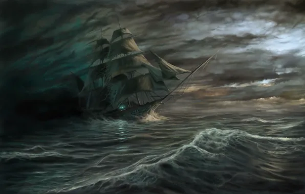 Море, волны, тучи, шторм, корабль, призрак