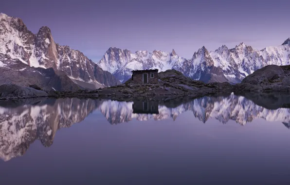 House, mountains, lake, reflection, mirror