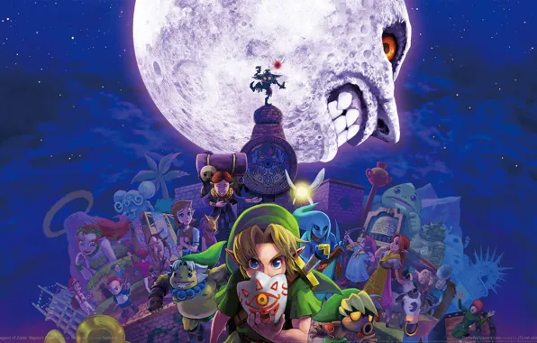 Картинка ночь, звёзды, Луна, герои, game wallpapers, Legend of Zelda: Majora's Mask