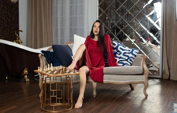 Long hair, model, gorgeous, photoshoot, red dress, beautiful face, naughty girl, chess pieces